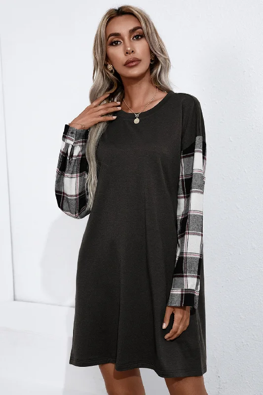 Contrast Plaid Sleeve Tee Dress