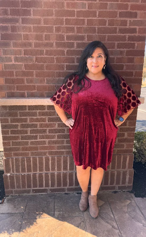 - Cold Snap Wine Velvet Dress with Embellished Sleeves