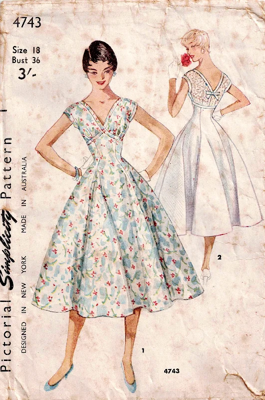 Simplicity 4743 RARE Womens V Back Princess Cut Empire Waisted Full Skirt Evening Dress 1950s Vintage Sewing Pattern Size 18 Bust 36 inches UNUSED Factory Folded Simplicity 4743 RARE Womens V Back Princess Cut Empire Waisted Full Skirt Evening Dress 1950s Vintage Sewing Pattern Size 18 Bust 36 inches UNUSED Factory Folded