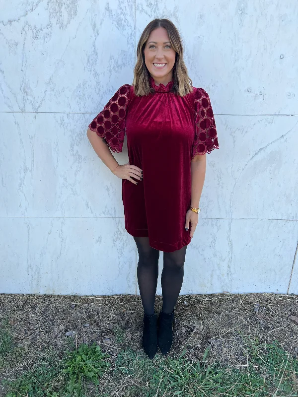 - Call My Bluff Wine Velvet Ruffle Collar Dress