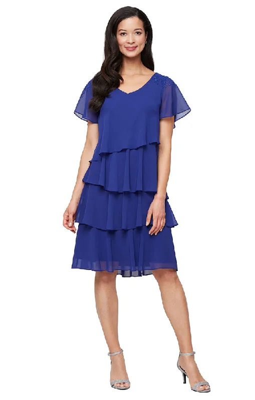 Short Chiffon Tiered Dress with V-Neckline, Beaded Shoulder Detail and Asymmetric Tiers