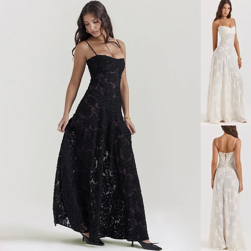 Fashion Suspender Lace Long Dress Summer Strapless Collar Elegant Evening Dresses For Women Fashion Suspender Lace Long Dress Summer Strapless Collar Elegant Evening Dresses For Women
