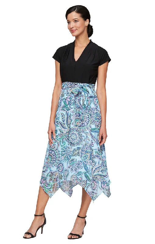 Midi Mixed Media Dress with Jersey V-Neck Bodice and Chiffon Printed Pointed Hem