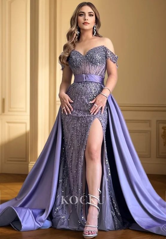 L1242 - Off-Shoulder Sequined Sheer Sheath Long Evening Dress With Thigh Slit