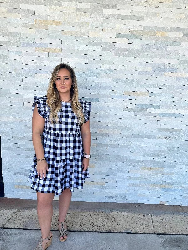 - Check Mate Black Tiered Gingham Dress