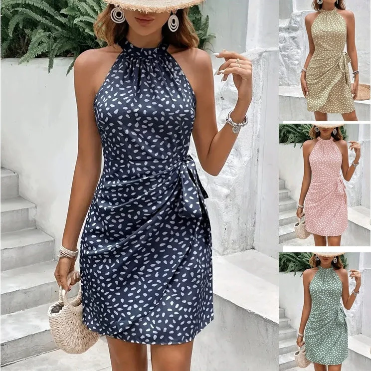 Summer Halterneck Printed Dress With Tied-waist Design Women's Shivering Dots Temperament Dress Summer Halterneck Printed Dress With Tied-waist Design Women's Shivering Dots Temperament Dress
