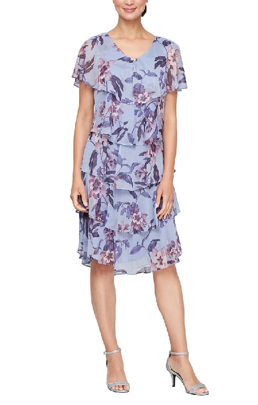 Short Printed Chiffon Tier Dress with V-Neckline and Embellishment Detail