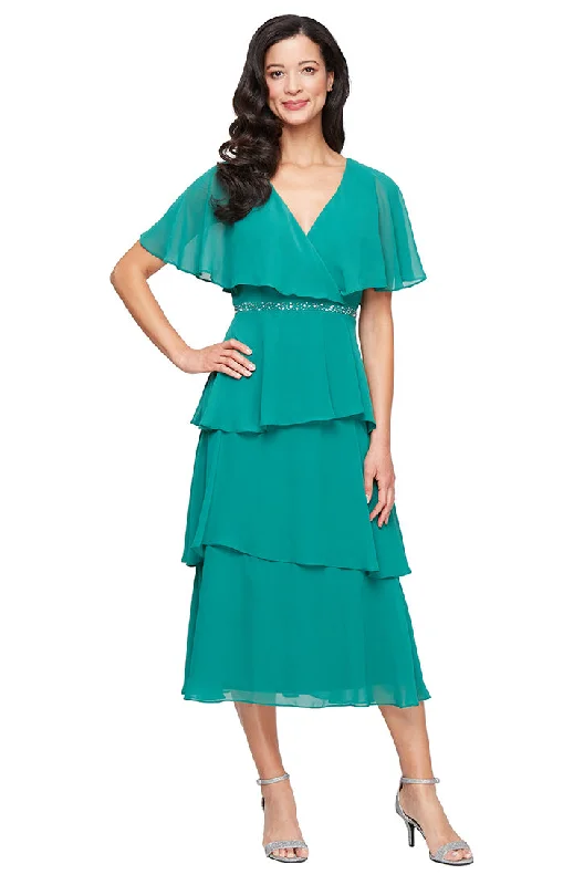 Midi Chiffon Dress with Surplice Neckline, Embellished Waist and Tiered Skirt