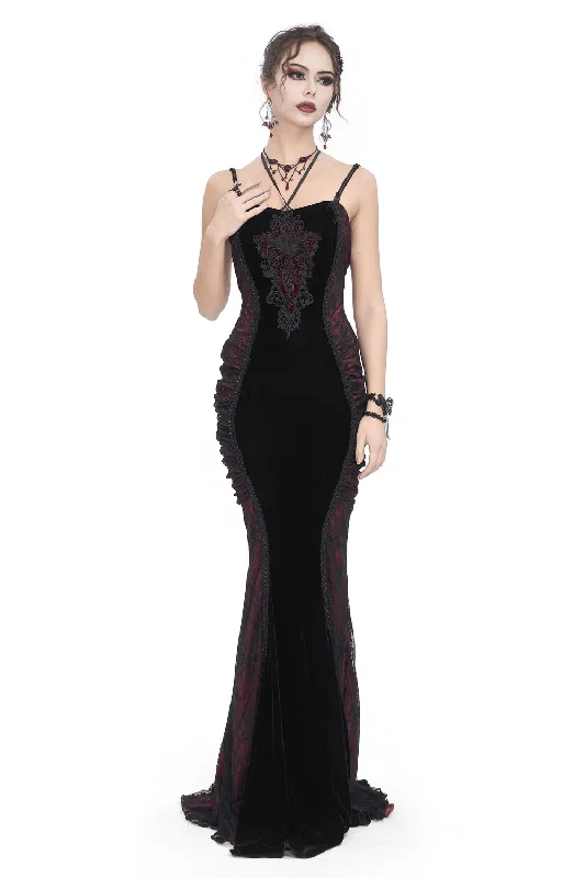 Women's Gothic Velvet Long Dress with Lace Appliques