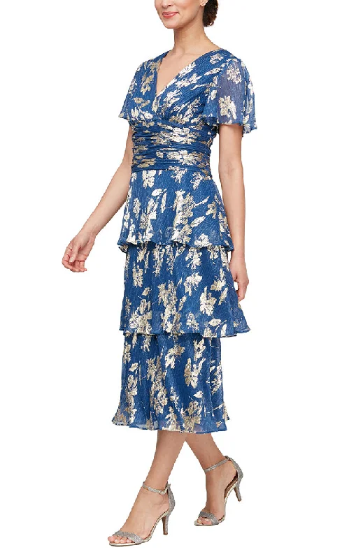 Foil Printed Surplice Neckline Dress with Ruched Waist & Tiered Skirt