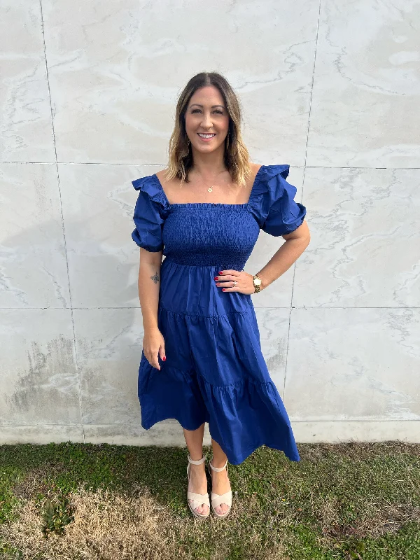 - Tea With You Navy Smocked Dress