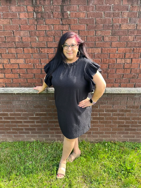 - Time Heals Black ruffle cap sleeve dress