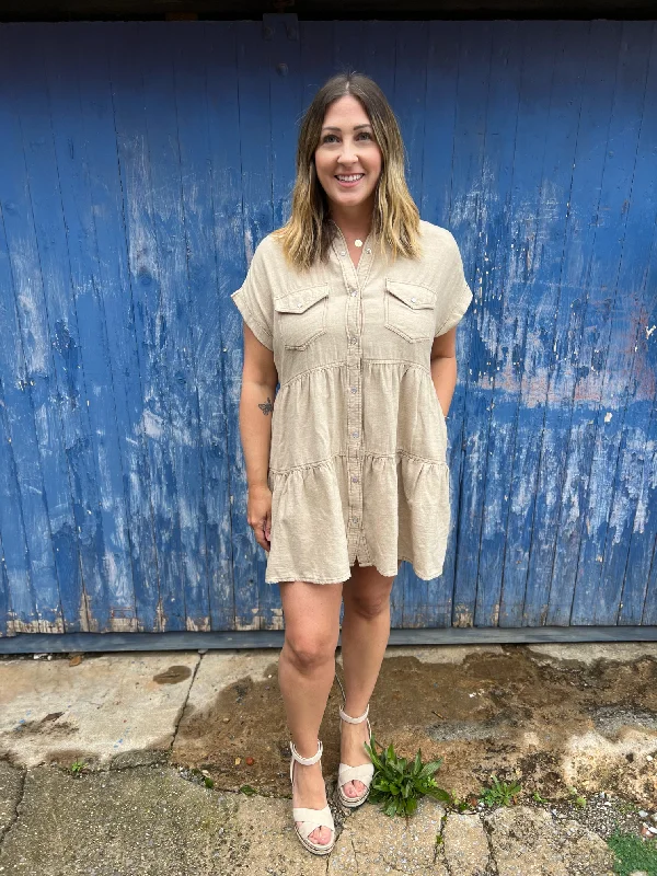 - Over the Edge Khaki Button Down Dress