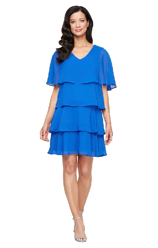 Short Chiffon Tier Dress with V-Neckline and Capelet Sleeve