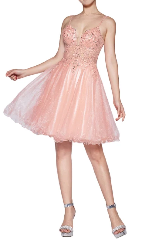 Ladivine CD0137 - Plunging V-Neck Glitter Tulle Homecoming Dress