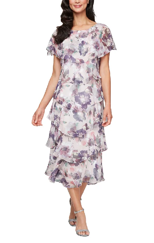Printed Chiffon Tiered Dress With Capelet Sleeves and Embellishment at Shoulders