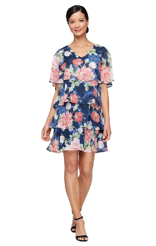 Short Printed Tier Dress with V-Neckline and Capelet Sleeve Detail