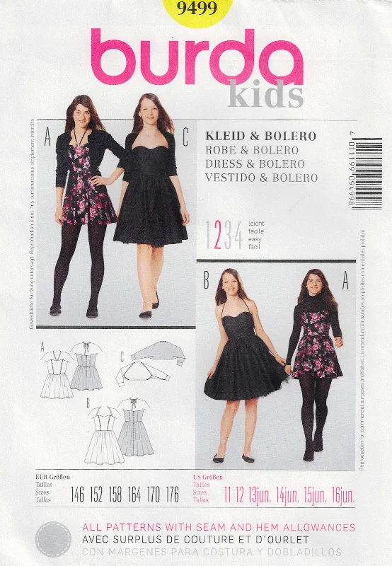 Burda 9499 Teen Girls Party Formal Dress & Knit Bolero Out Of Print Sewing Pattern Sizes 11 -16 UNCUT Factory Folded Burda 9499 Teen Girls Party Formal Dress & Knit Bolero Out Of Print Sewing Pattern Sizes 11 -16 UNCUT Factory Folded
