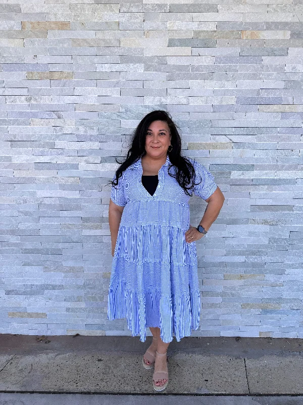 - Fun Times Blue Stripe Tiered Dress