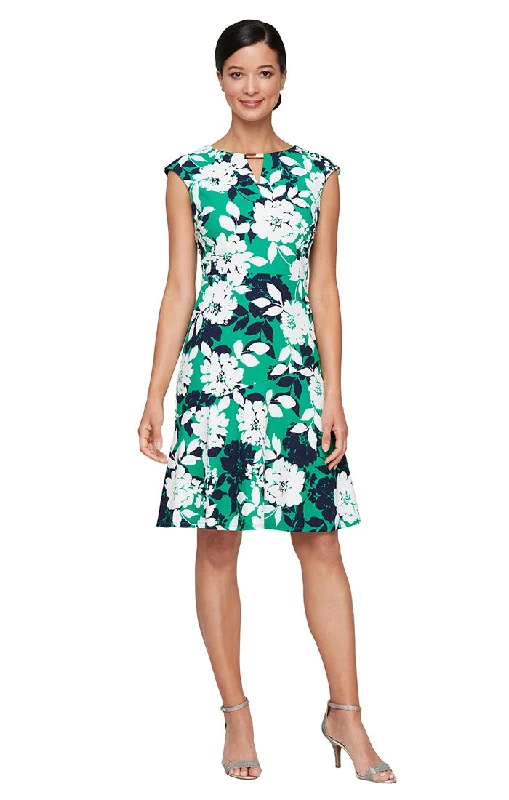 Short Printed Scuba Crepe Dress with Cutout Neckline, Flounce Hem and Hardware Detail