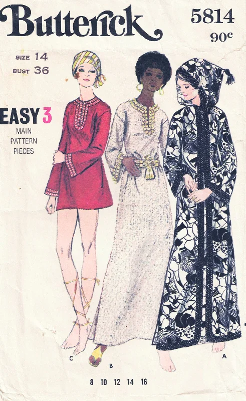 Butterick 5814 Womens Boho Flared Sleeve Caftan Cover Up Dress or Top with Optional Hood 1970s Vintage Sewing Pattern Size 14 Bust 36 Inches Butterick 5814 Womens Boho Flared Sleeve Caftan Cover Up Dress or Top with Optional Hood 1970s Vintage Sewing Pattern Size 14 Bust 36 Inches