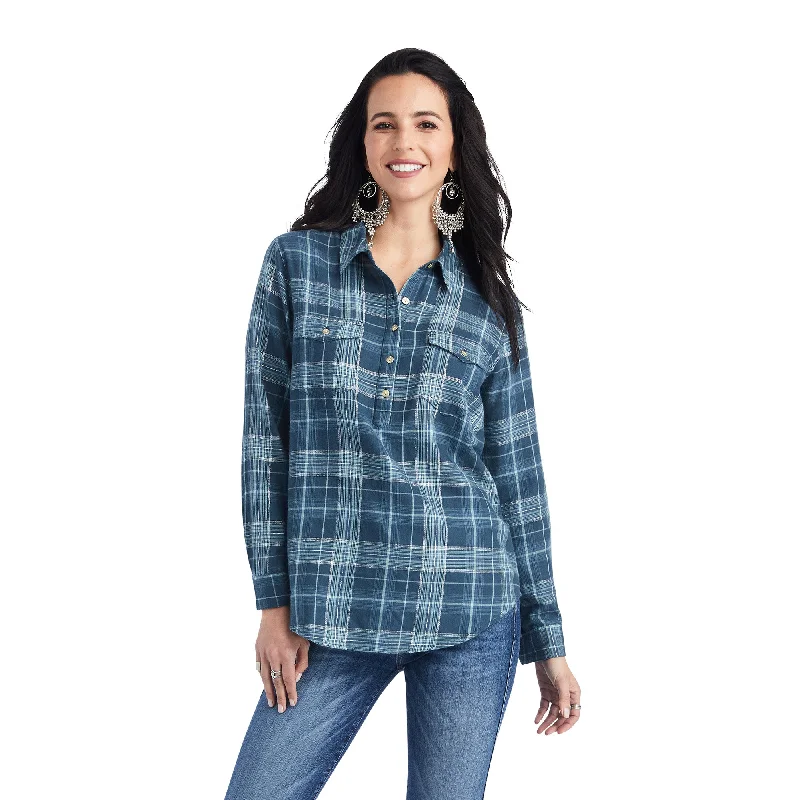 10042291 Ariat Women's Real Billie Jean Popover LS Shirt Lurex Plaid Soft Silk Short Sleeve