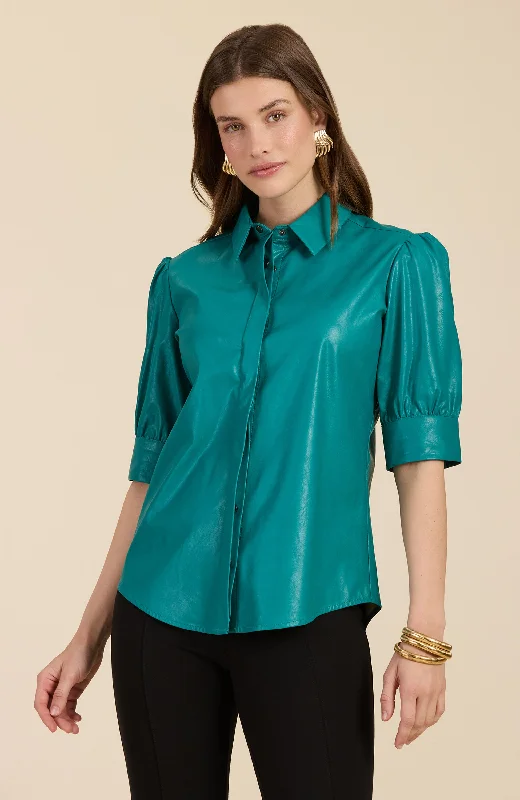 Alice Vegan Leather Shirt - Deep Lake Cozy Linen Short Shirt