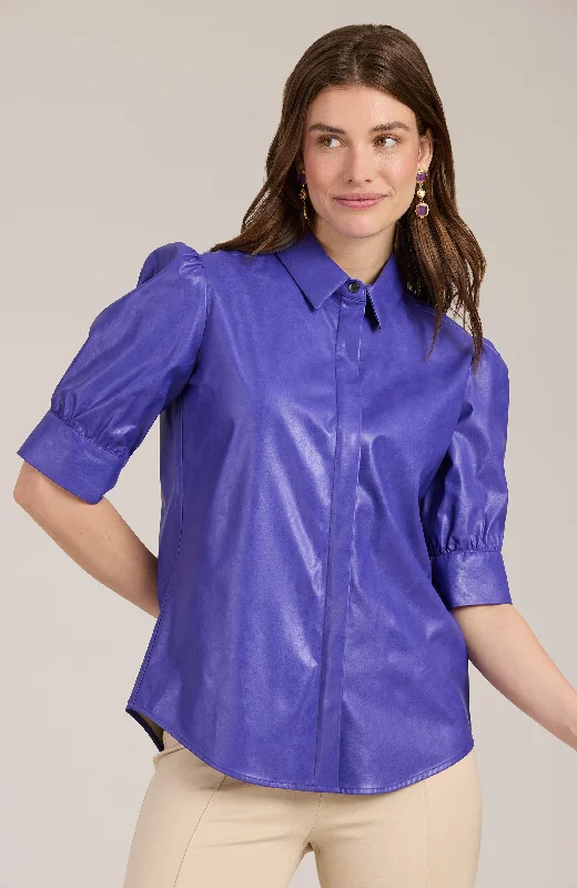 Alice Vegan Leather Shirt - Violet Comfortable Fitted Short Sleeve