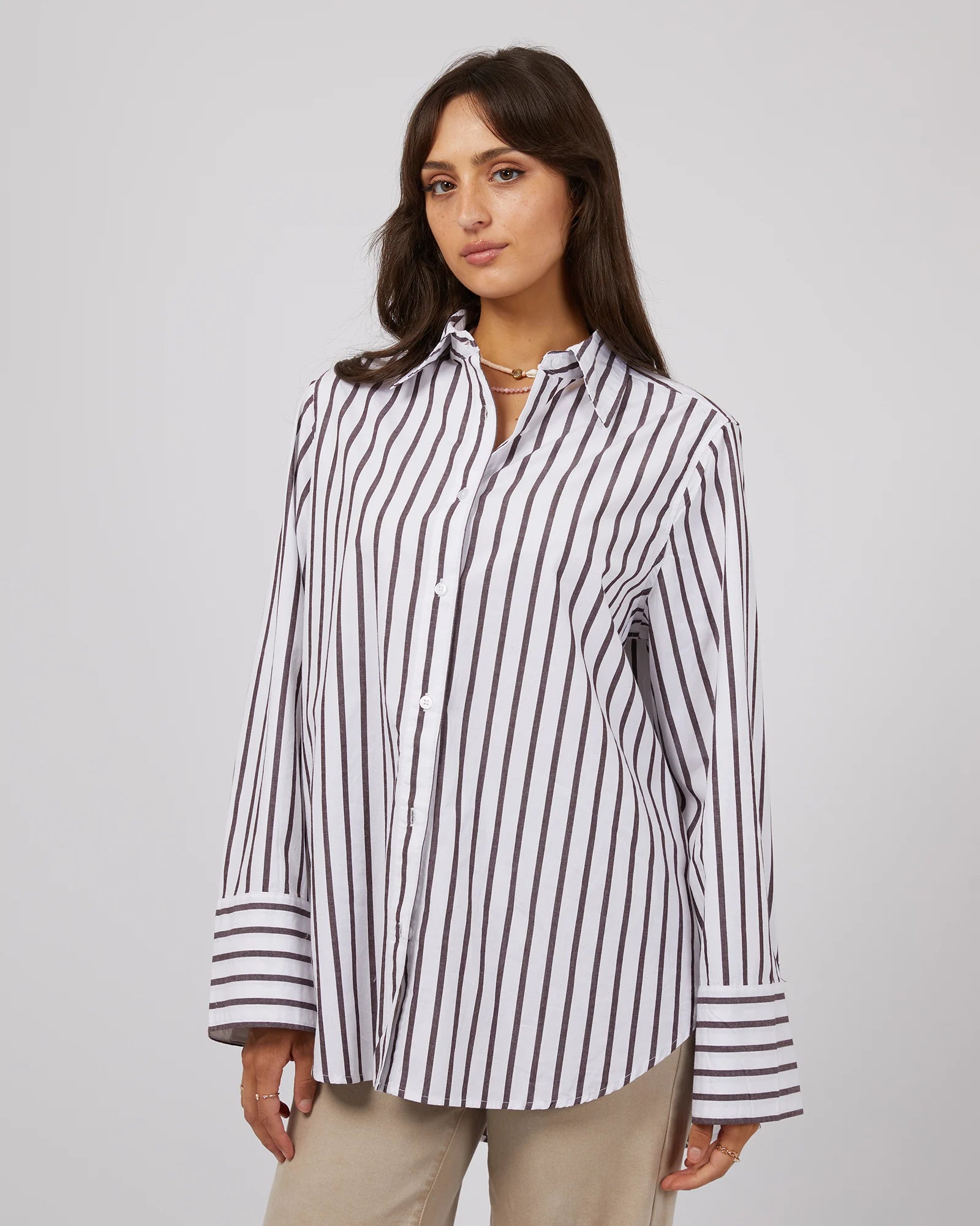 All About Eve Vinnie Shirt  - Choc Stripe Classic Solid Short Shirt