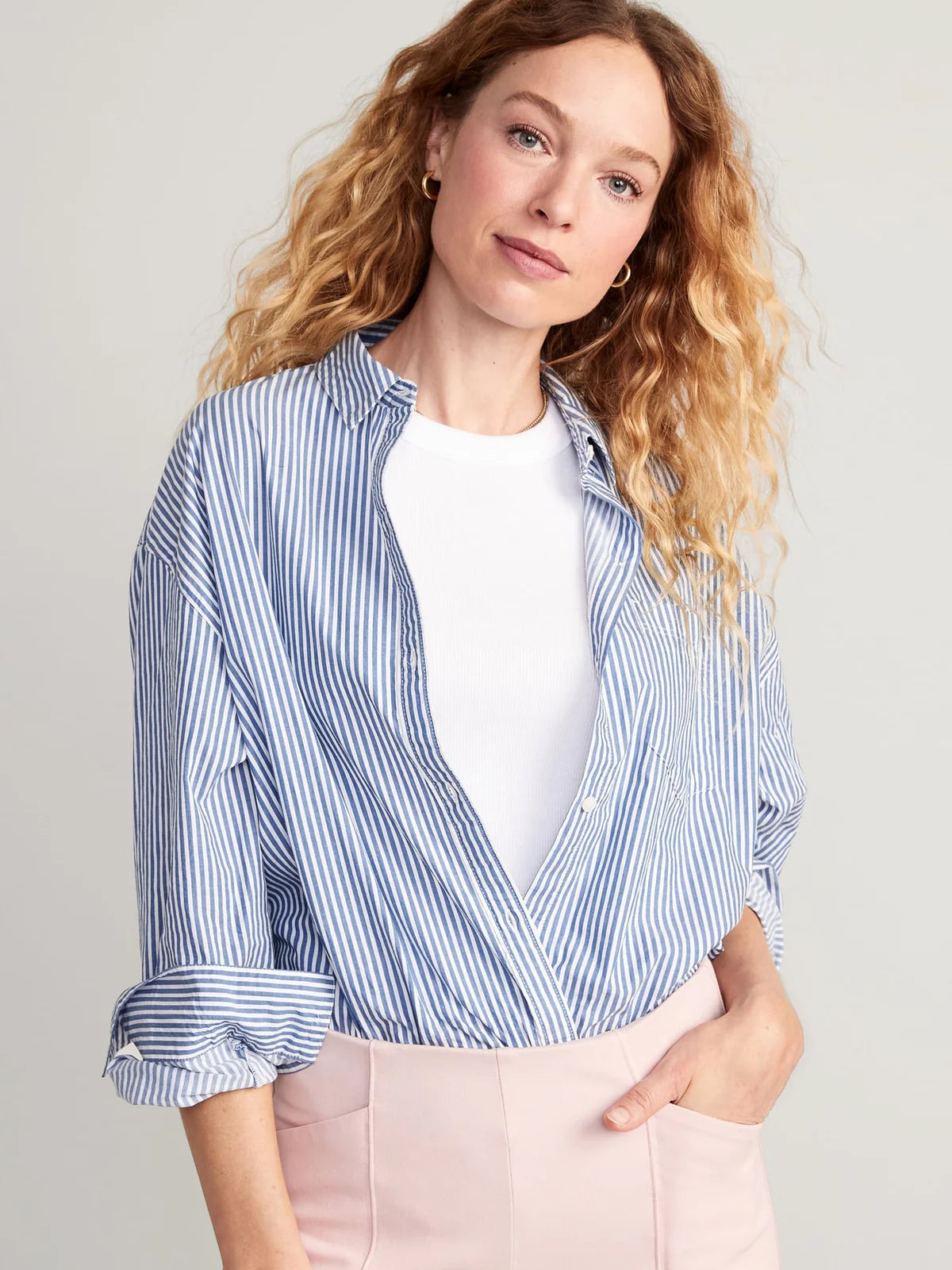 PINSTRIPED BOYFRIEND SHIRT Chic Embellished Short Sleeve