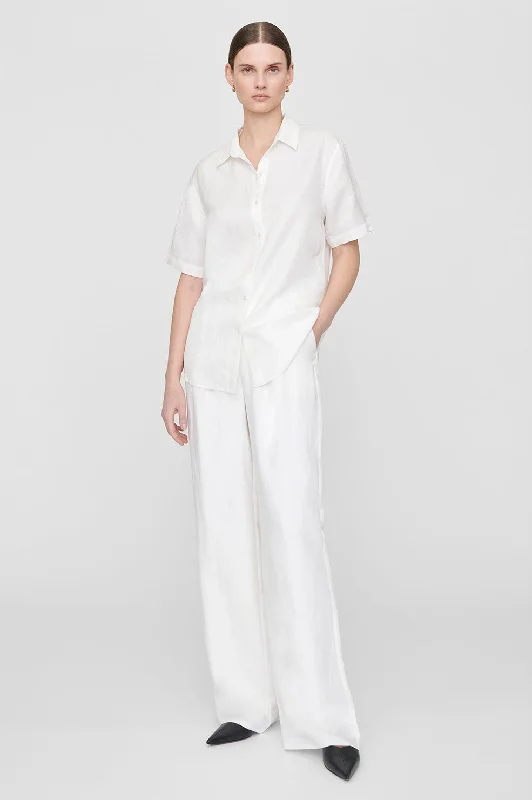 Bruni Shirt - White Linen Blend Chic Embellished Short Sleeve