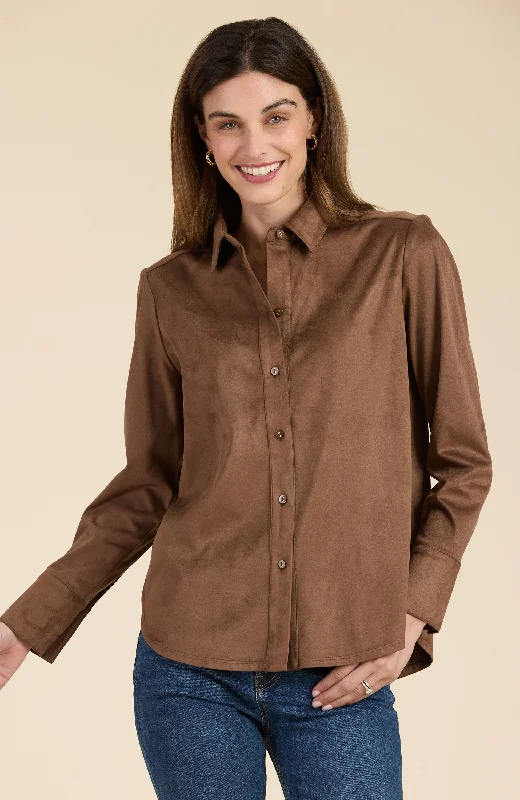 Faux Suede Club Shirt - Brunette Trendy Sleeveless Short Shirt