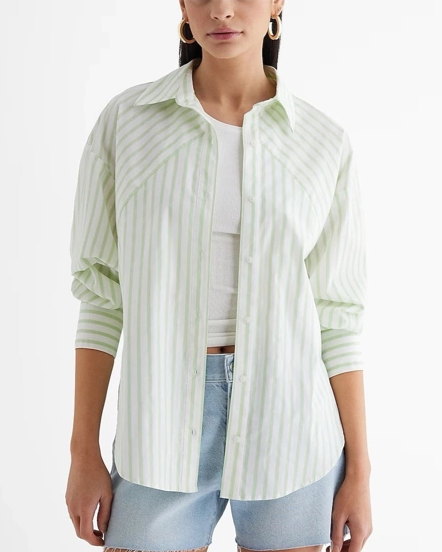 STRIPED BOYFRIEND SHIRT Elegant Draped Short Sleeve