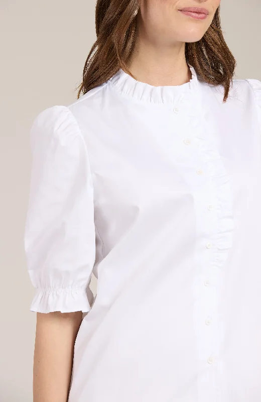 Gwen Ruffle Collar Shirt - White Casual Short Sleeve Top