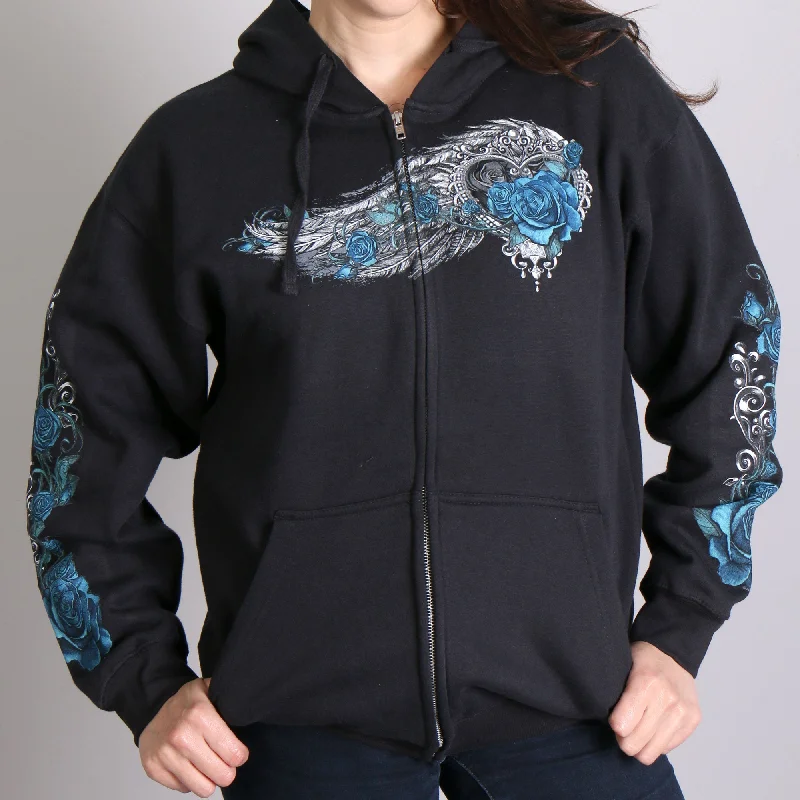 Hot Leathers GLZ4345 Women's 'Angel Roses' Zip Up Hooded Black Sweat Shirt Comfortable Pocket Short Shirt Hot Leathers GLZ4345 Women's 'Angel Roses' Zip Up Hooded Black Sweat Shirt Comfortable Pocket Short Shirt