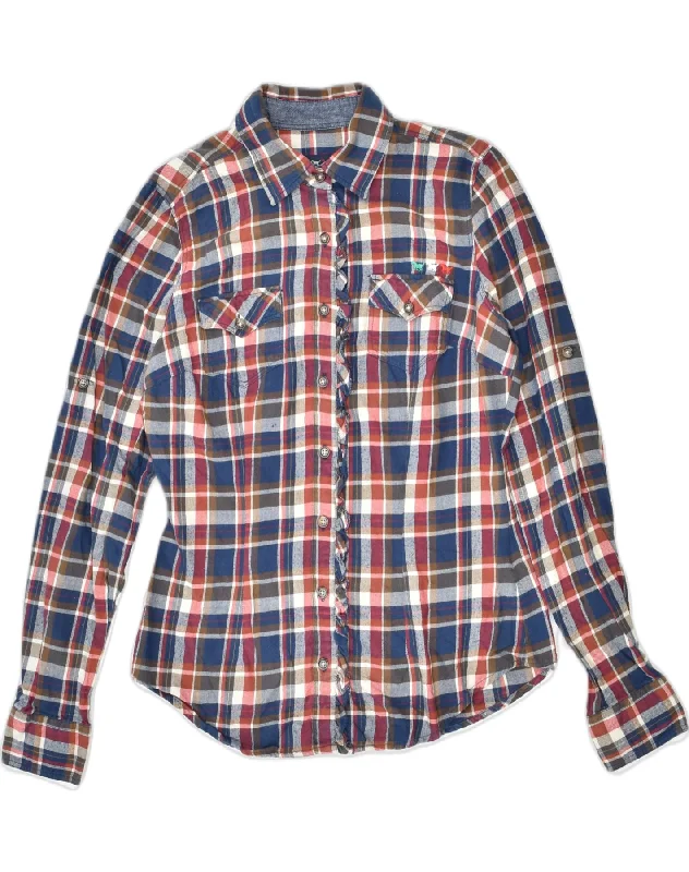 JEAN'S WEST Womens Shirt UK 10 Small Multicoloured Check Cotton Chic V-Neck Short Blouse JEAN'S WEST Womens Shirt UK 10 Small Multicoloured Check Cotton Chic V-Neck Short Blouse