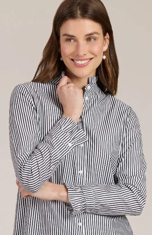 Kelsey Ruffle Collar Striped Shirt - Black Relaxed Button-Down Short Shirt