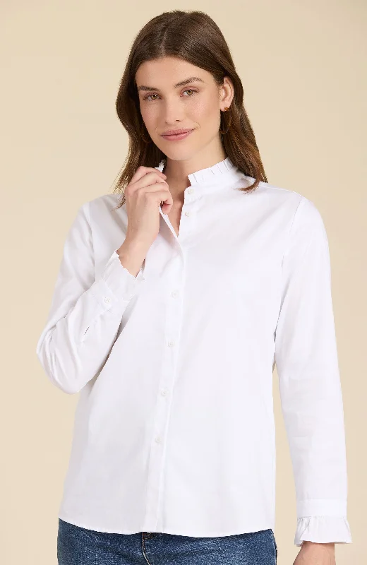 Kelsey Ruffle Collar Shirt - White Stylish Pleated Short Sleeve