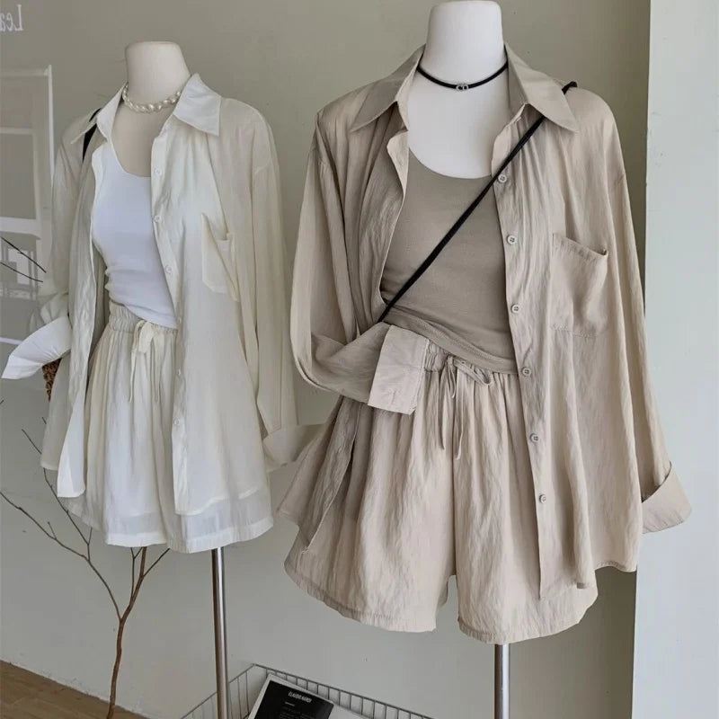 Women's Sun Protection Shirt with Stacked Short Suspender Vest Shorts Set Comfortable Peplum Short Shirt Women's Sun Protection Shirt with Stacked Short Suspender Vest Shorts Set Comfortable Peplum Short Shirt