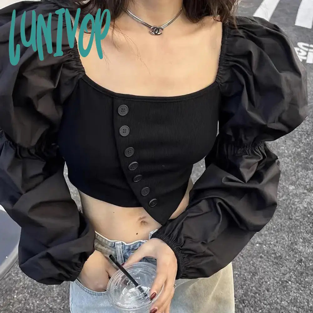 Lunivop Autumn Sexy Off Shoulder Slash Neck Shirt 2024 New Splicing Lantern Sleeve Blouse Korean Fashion Short Tops Women Clothes Elegant Silk Short Shirt