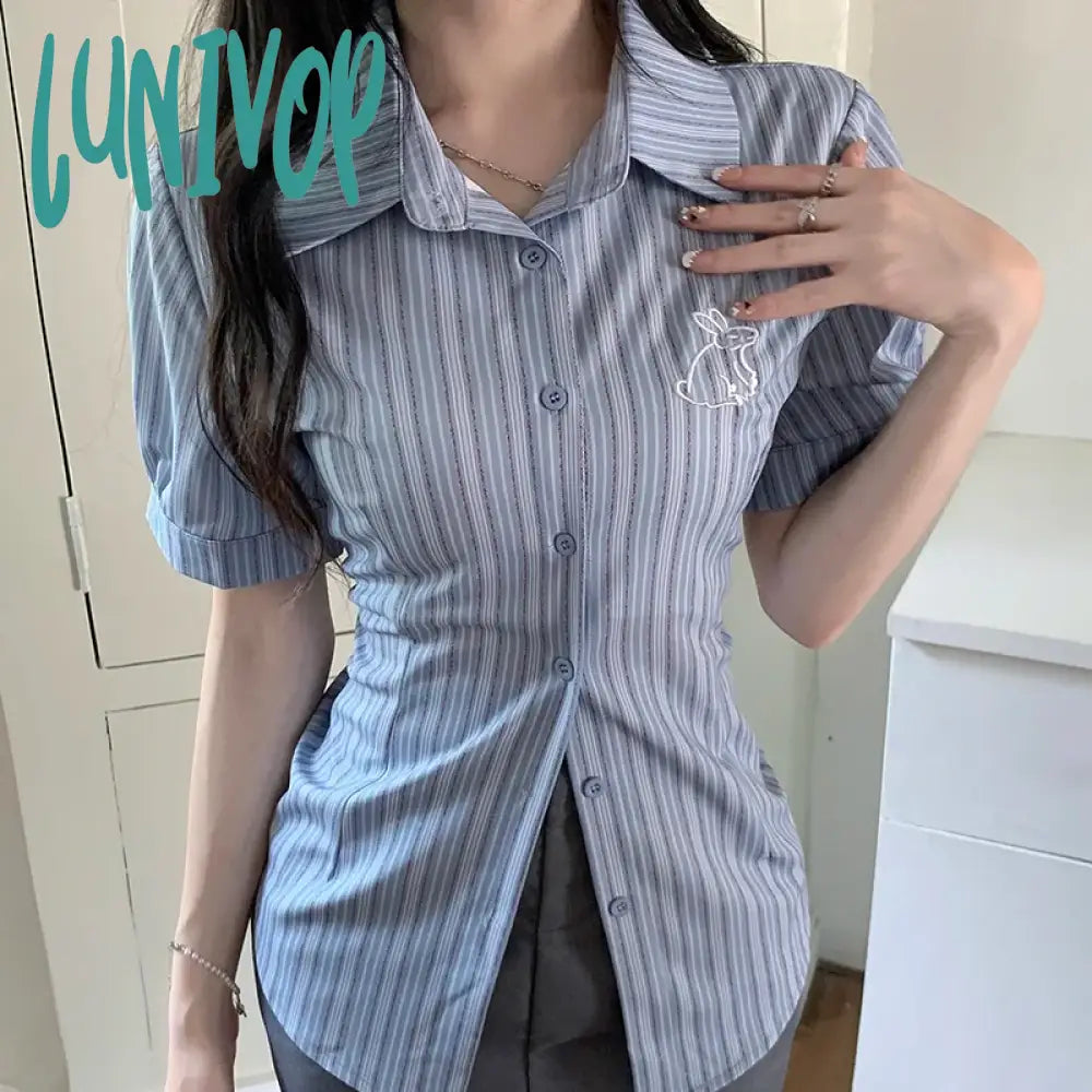 Lunivop Korean Slim Striped Shirt Women Casual Preppy Style Short Sleeve Blouse Summer All Match Embroidery Female Fashion Tops Classic Solid Short Shirt