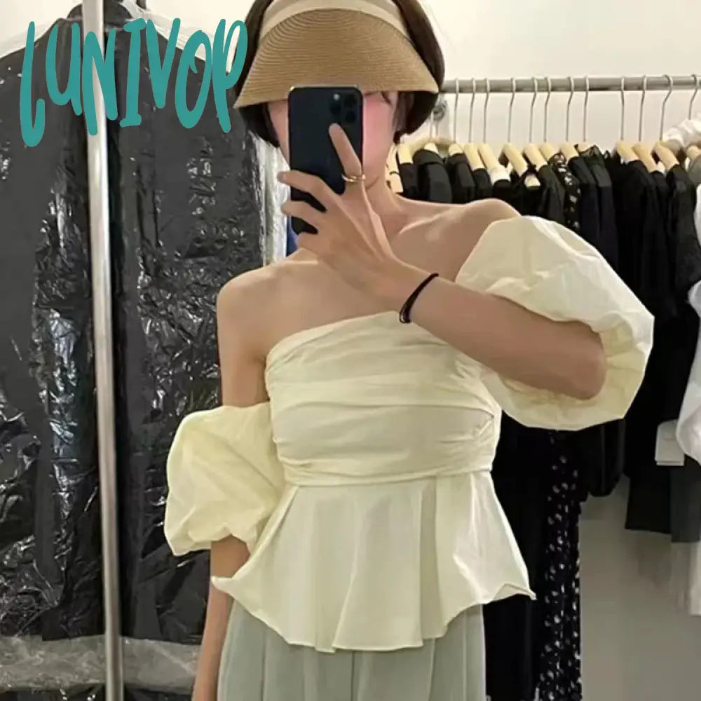 Lunivop Summer Blouse Female French Vintage Temperament Blusa Slash Neck Sexy Off Shoulder Waist Slim Puff Sleeves Short Shirts Stylish Split-Hem Short Shirt