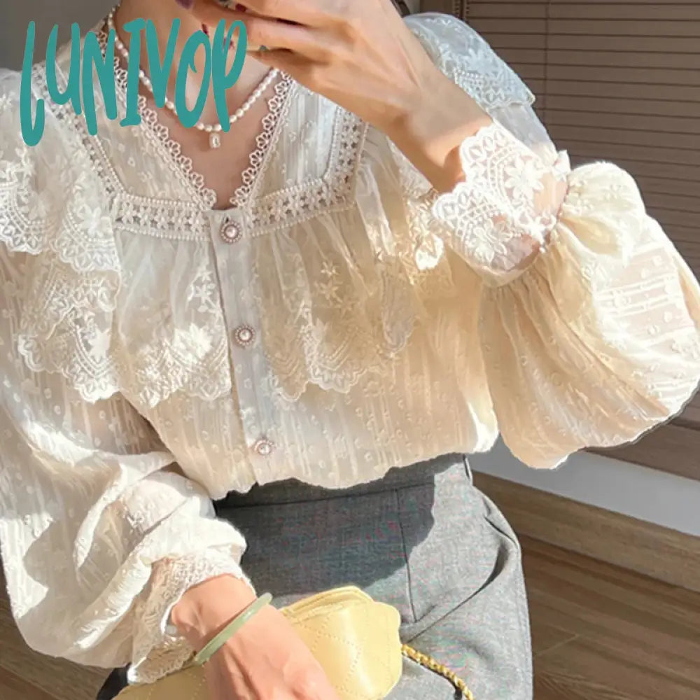 Lunivop Vintage French Women Shirts Lace Lolita Elegant Long Sleeve Flounce Blouse High Quality Office Lady New Fashion Chic Female Tops Relaxed Fit Short Sleeve Top