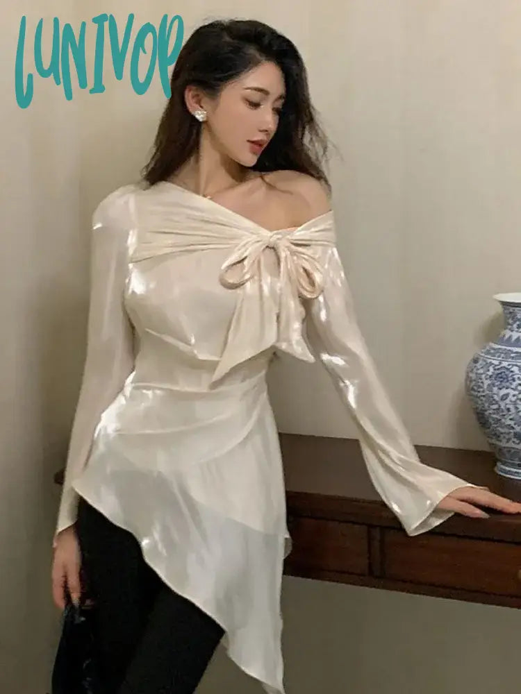 Lunivop Y2k Aesthetic Pleated Skew Collar Solid Women Blouse Sexy Slim Grunge Bandage Bow Shirt Harajuku Irregular Streetwear Blusas Relaxed Cotton Short Blouse