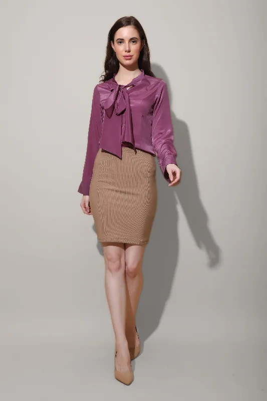 Mauve Neck Tie Shirt Cozy Printed Short Shirt