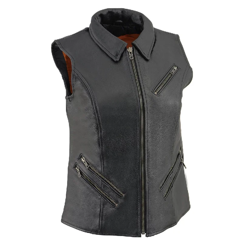 Milwaukee Leather MLL4520 Women’s Black Leather Shirt Style Collar Motorcycle Rider Vest with 4 Front Lower Pockets Elegant High-Low Short Shirt Milwaukee Leather MLL4520 Women’s Black Leather Shirt Style Collar Motorcycle Rider Vest with 4 Front Lower Pockets Elegant High-Low Short Shirt
