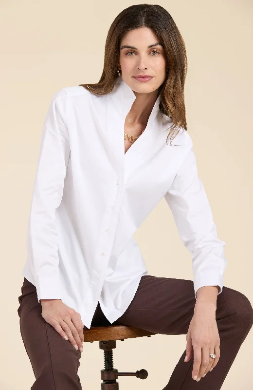 Natalie Stand Collar Shirt - White Relaxed Cotton Short Blouse