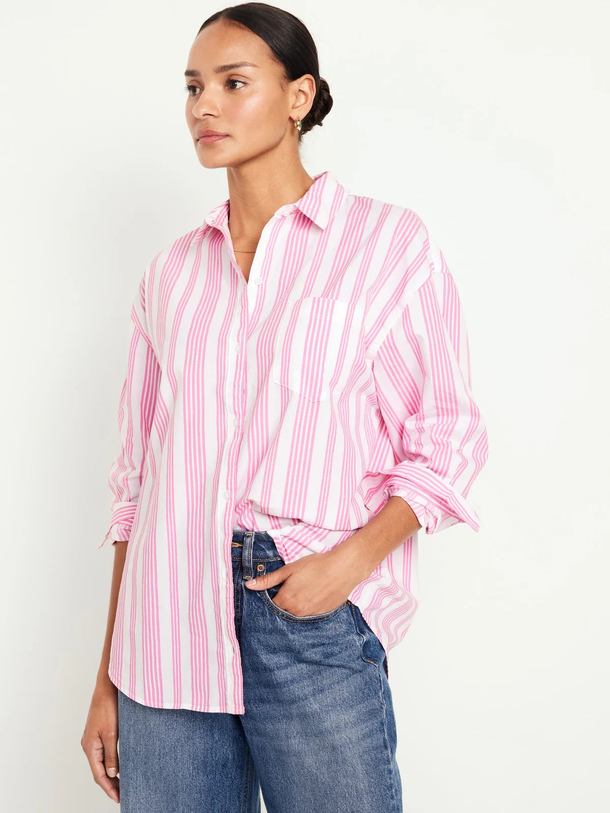 STRIPED BOYFRIEND SHIRT Relaxed Fit Short Sleeve Top