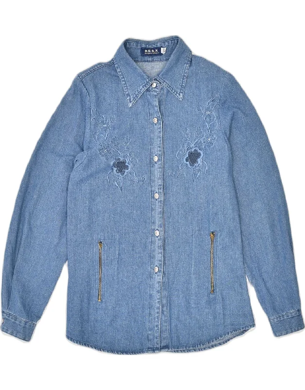 RE & X Womens Denim Shirt UK 14 Medium Blue Floral Cotton Classic Short Sleeve Blouse RE & X Womens Denim Shirt UK 14 Medium Blue Floral Cotton Classic Short Sleeve Blouse
