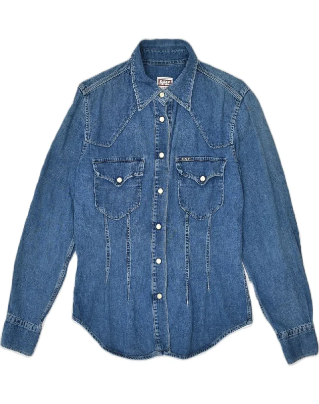 RIFLE Womens Denim Shirt UK 12 Medium Blue Cotton Comfortable Peplum Short Shirt